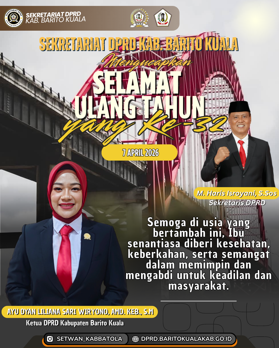 M Haris Isroyani Sekretaris DPRD Batola Mengucapkan Selamat Ulang Tahun ke-32 Ayu Dyan Liliana Sari Wiryono 7 April 2026