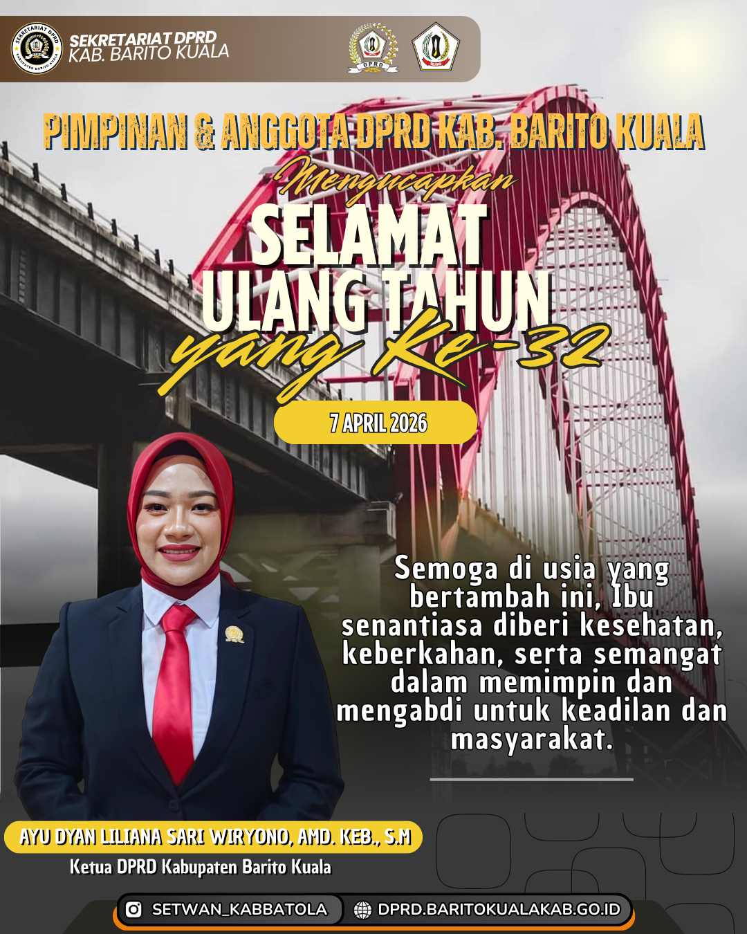 Pimpinan dan Anggota DPRD Batola Mengucapkan Selamat Ulang Tahun ke-32 Ayu Dyan Liliana Sari Wiryono 7 April 2026