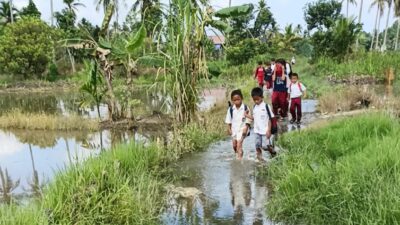 Jalan Menuju SDN Basirih 10 Rusak dan Terendam, Murid Terpaksa Sekolah Tanpa Sepatu