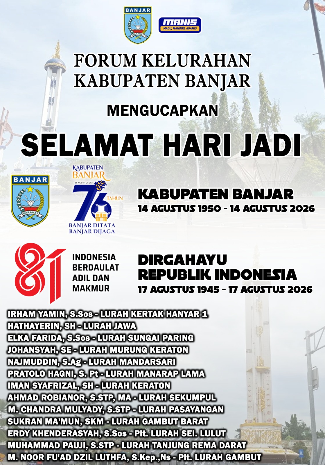 Forum Kelurahan Kabupaten Banjar Mengucapkan Selamat Hari Jadi ke-76 Kabupaten Banjar dan Dirgahayu ke-81 Republik Indonesia