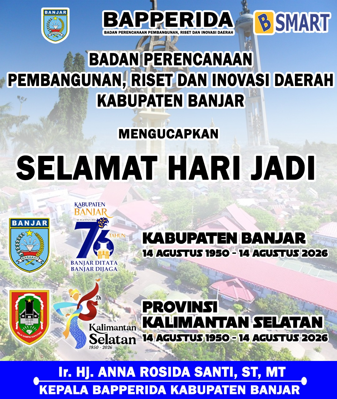 Ir H Anna Rosida Santi ST MT Bapperida Banjar Selamat Hari Jadi ke-76 Kabupaten Banjar dan Provinsi Kalimantan Selatan